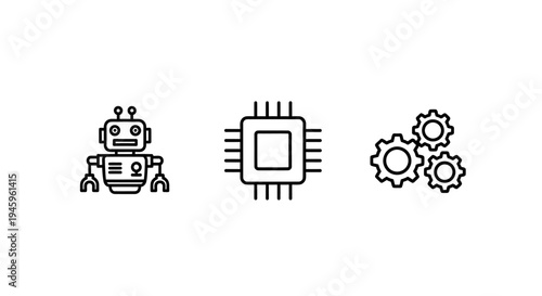Robotic automation, processor chip, and gear icons for AI and manufacturing technology concepts
