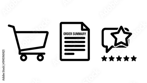 E-commerce shopping cart, order summary, and customer review icons for online retail experience