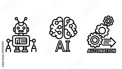 Artificial intelligence, automation, and robotics icons for future technology and machine learning
