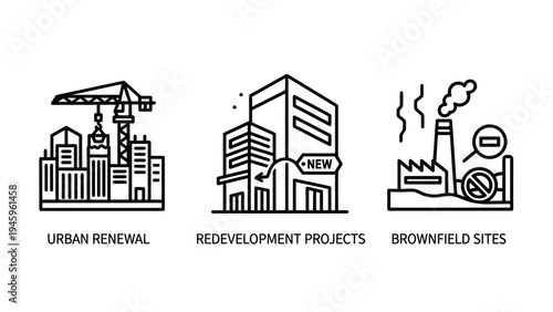 Urban planning and development icons - renewal, redevelopment projects, and brownfield sites