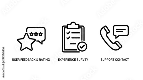 Customer service and feedback icons - user ratings, experience surveys, and support contact