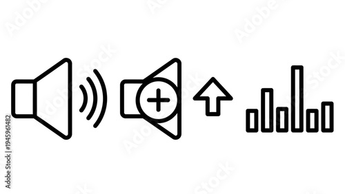 Audio controls and sound adjustment icons set - speaker, volume up, and equalizer elements for interface design