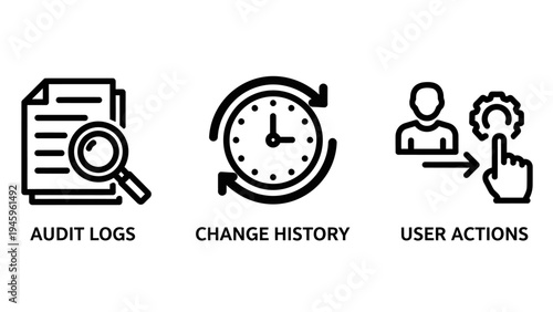 Data tracking and audit icons - audit logs, change history, and user actions monitoring symbols