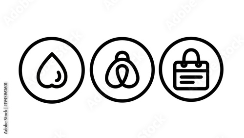 Abstract circular outline icons set: heart drop, stylized, and shopping bag for love, connection, and e-commerce designs, e commerce
