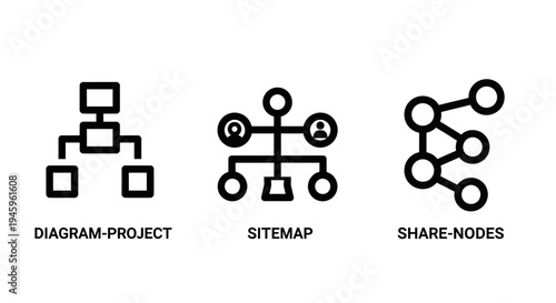 Project management, website sitemap, and network sharing nodes outline icons for digital planning
