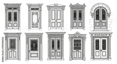 Ornate Door Designs Collection – Black and White Vintage Architectural Doors Detailed Line Art Illustration Set