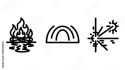 Outdoor camping adventure icons: bonfire, tent, and sun for nature exploration and summer vacation designs