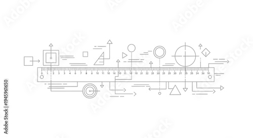 Technical blueprint illustration featuring a detailed ruler surrounded by various geometric shapes, measurement lines, and abstract data points, representing precision, engineering, and design.