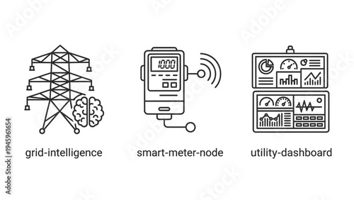 Smart grid technology icons: grid intelligence, smart meter, and utility dashboard for energy management
