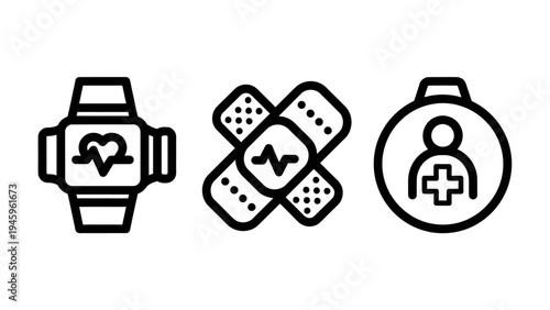 Digital health monitoring icons featuring smartwatch fitness tracker medical bandage and identity badge with first aid