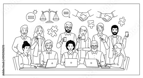 Diverse team of professionals collaborating with laptops and various business-related icons like scales of justice, handshakes, and puzzle pieces, symbolizing strategy, legal matters, and partnership.