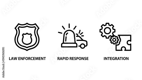 Public safety and law enforcement icons including police badge emergency siren and system integration with crime prevention