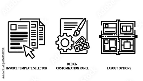 Business software interface icons for invoice template selection design customization and layout options