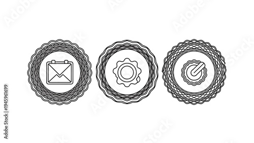Decorative badge icons featuring ornate frames for email message settings gear and verified checkmark