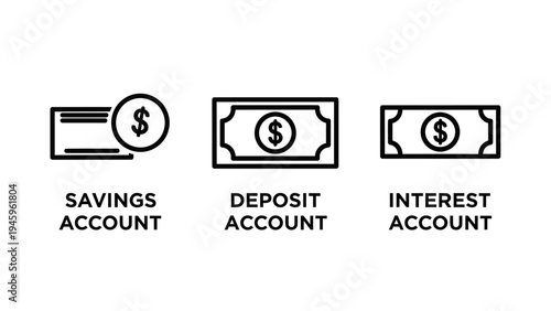 Personal banking and savings account icons for deposit interest and financial transaction management in retail banking services
