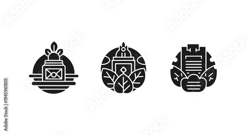 Set of sustainable environment and eco friendly document icons with leaves and sun symbols for nature conservation branding