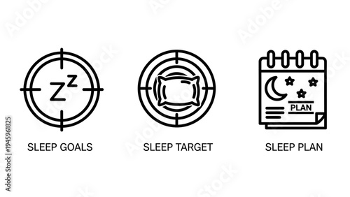 Sleep health and wellness tracking icons for target goals and night routine schedule planning with restorative sleep targets