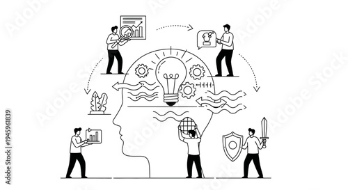 Small figures collaborate around a large profile of a head, symbolizing teamwork and the generation of ideas and strategies.