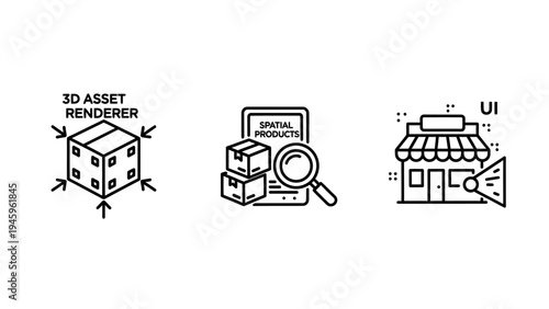 3D asset rendering and spatial product visualization icons for e-commerce interface design