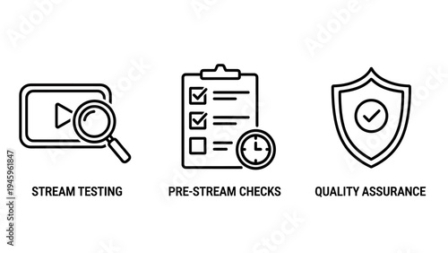 Stream testing and quality assurance checklist icons for broadcasting and software maintenance