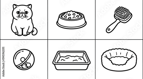 Line art vector icons set of cat pet bowl brush ball litter box and soft pet bed for animal care