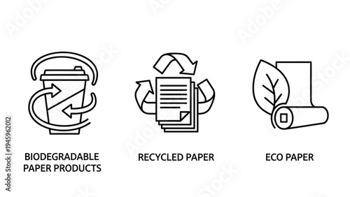 Sustainable environmental icons for biodegradable paper products recycled material and eco friendly manufacturing