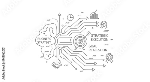 Diagram shows a human brain associated with business strategy concepts flowing through circuits toward goal realization and strategic execution targets.