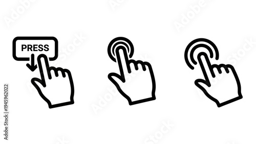 Interaction hand gesture icons set with press button and touch screen tap symbols for user interface design and mobile application navigation