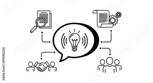 Monochrome sketch shows a central illuminated lightbulb representing an idea connected to team collaboration, legal documents, and user groups.