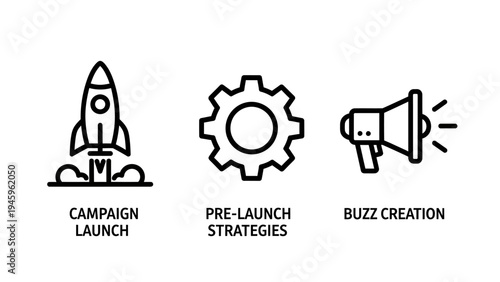 Business marketing strategy icons including campaign launch rocket pre-launch strategy gear and buzz creation megaphone for startup growth projects