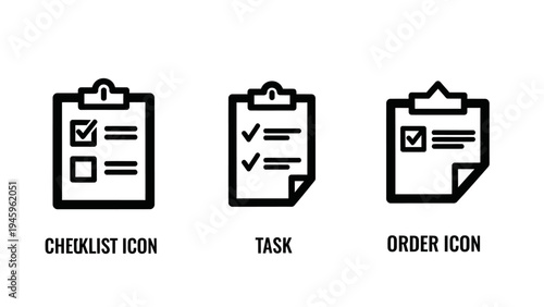 Productivity and task management clipboard icons for business checklists project tracking and order processing workflow visualization