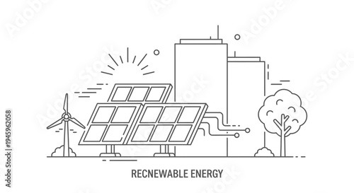 Renewable energy infrastructure features large solar panels and a wind turbine situated before modern city buildings under bright sunlight.