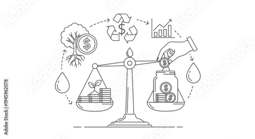 Scales balance the concept of ecological investment showing natural resources against financial assets and circular recycling symbols in equilibrium.