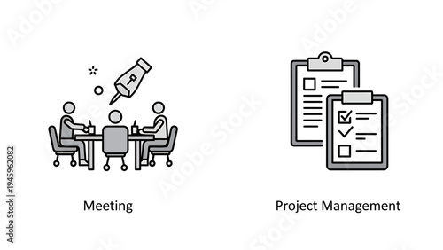 Business meeting and project management line icons for office planning and task organization