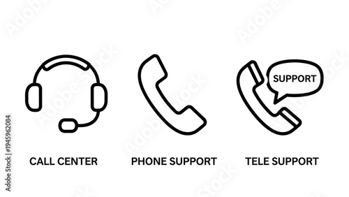Customer service and telecommunication support icon set featuring call center headset and phone handset symbols for business communication assistance