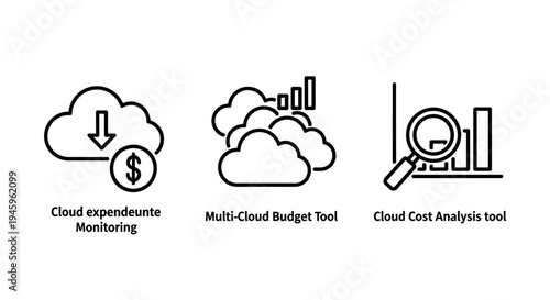 Cloud computing cost monitoring and budget analysis tools icons for multi-cloud expense management and data server financial tracking