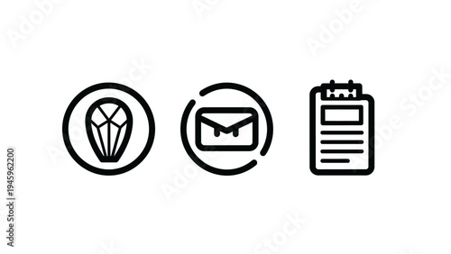 Business administration icons with document clipboard email envelope and quality gem symbols