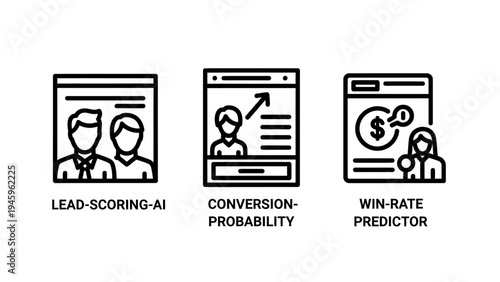 Ai sales analytics icon set featuring lead scoring, conversion probability and win rate predictor for business intelligence