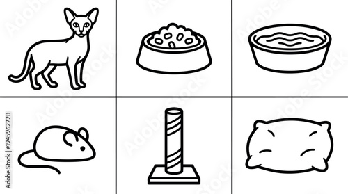 Line art vector icons of cat food dish water bowl scratching post mouse and pillow simple pet care set
