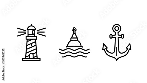 Maritime icon collection with lighthouse beacon, sea buoy, and ship anchor for marine navigation and sailing themes