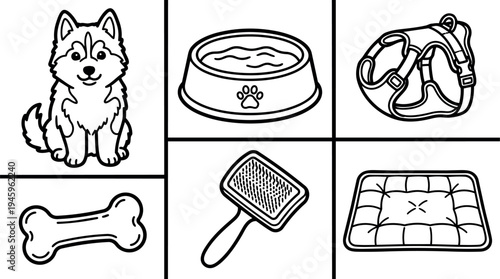 Line art style friendly husky dog sitting with bone food bowl brush dog harness and soft bed accessories for pets