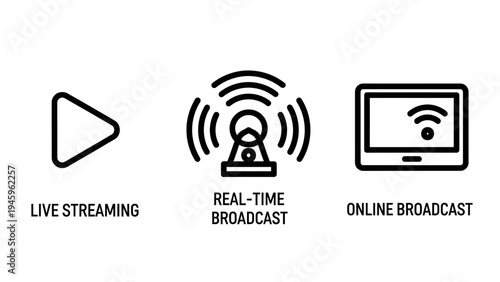 Digital broadcasting and live streaming icon set for online media content and web communication platforms