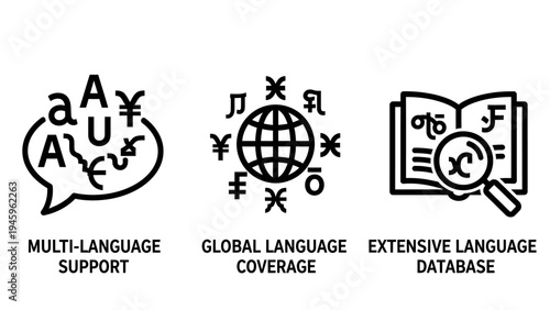 Multilingual support and global language database icons for translation services and international communication