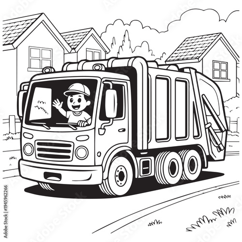 Black and white of a garbage truck with a waving driver in a suburban neighborhood