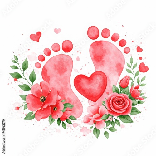 Adorable baby footprints decorated with flowers and hearts in soft watercolor style. Perfect for baby shower cards, greeting cards and nursery decoration.