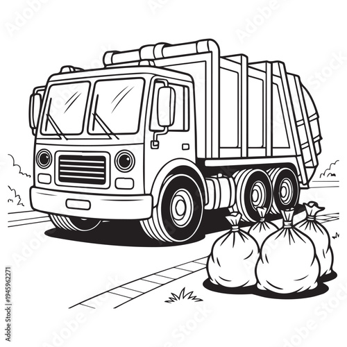 Black and white of a garbage truck collecting trash bags on a street waste collection