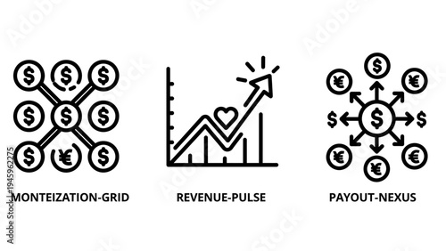 Business monetization and revenue growth icon set for financial payout systems and global currency distribution
