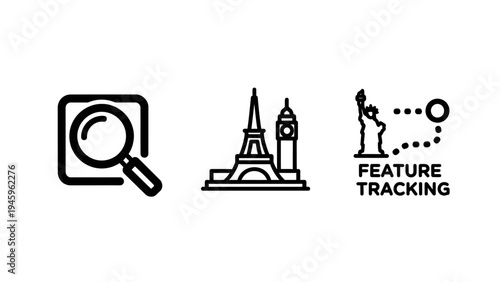 Travel destination search and feature tracking icons featuring famous landmarks like eiffel tower and statue of liberty