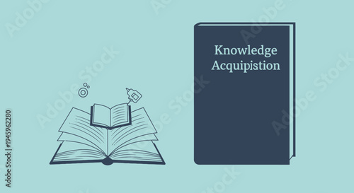 Stack of open books and a closed textbook labeled Knowledge Acquisition stand beside floating academic symbols on a pale blue background.