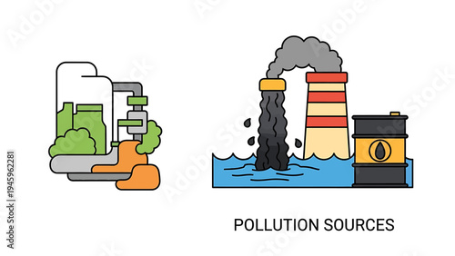 Environmental pollution sources and industrial factory emissions icons showing smoke, oil waste, and green energy comparison